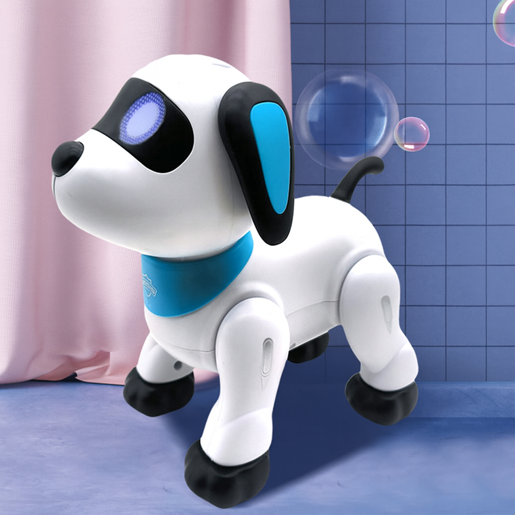 K21 Intelligent Voice-Controlled white and blue robot dog toy performing stunts in a room setting