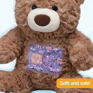 Mama & Papa Bear AI powered plushie with soft teddy bear design and embedded circuit board for interactive storytelling and learning.