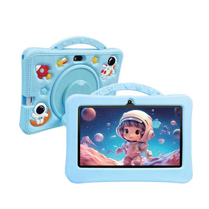 Blue shockproof learning tablet for kids with astronaut-themed case and HD screen.