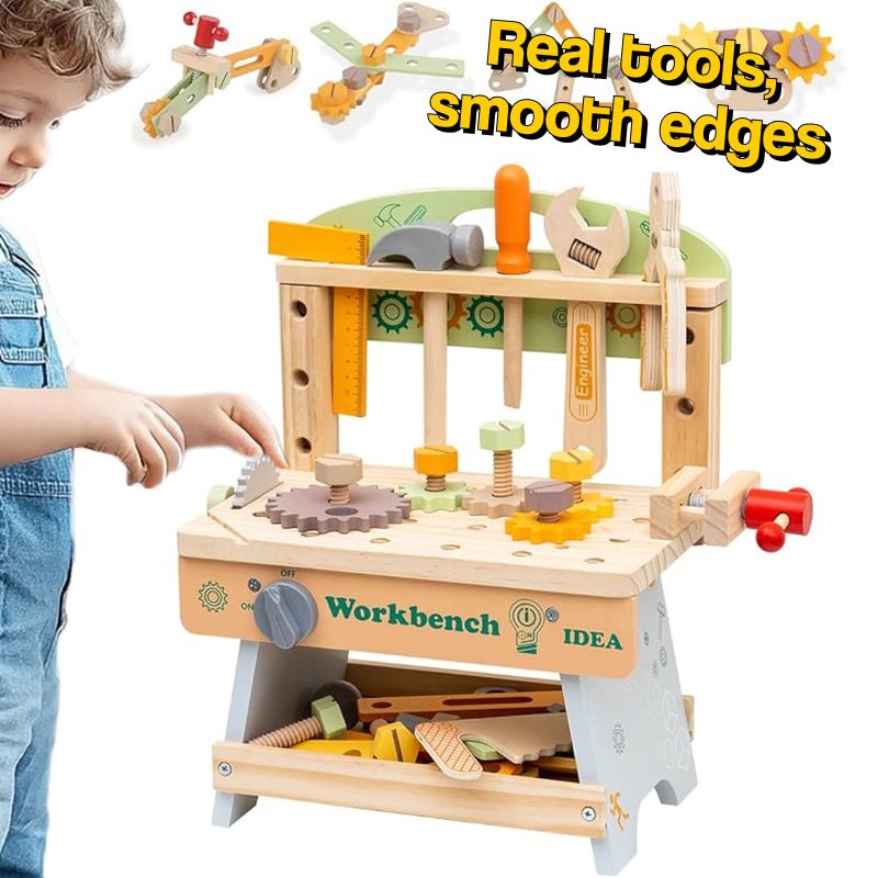 Daddy's Buddy STEM Wooden Workbench with real wooden tools and smooth edges for kids aged 3+, promoting hands-on STEM learning and imaginative play.