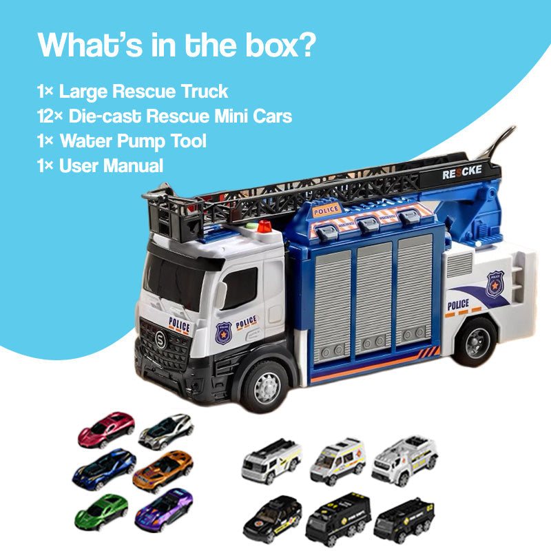 Mega Rescue Water Spray Truck with ladder, 12 die-cast rescue cars, water pump tool, police-themed transformable rescue playset for kids.