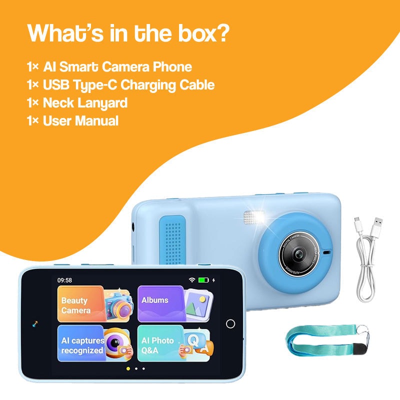 ChatGPT powered smartphone for kids with AI smart camera, USB charging cable, neck lanyard, and user manual in blue color