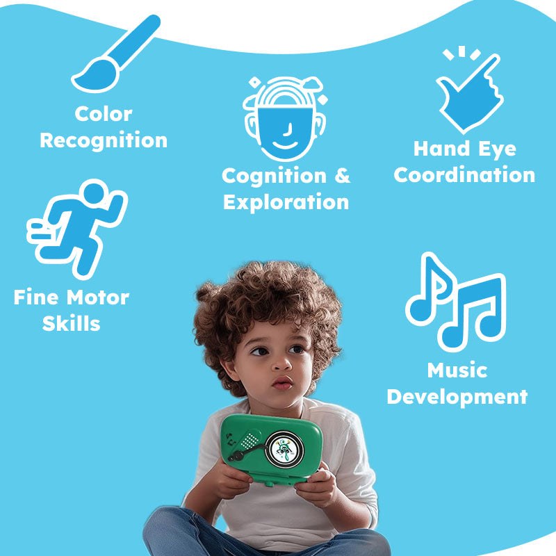 Child playing with MusiQ Rhythm Master 7-in-1 Piano Game enhancing color recognition, cognition, hand-eye coordination, fine motor skills, and music development