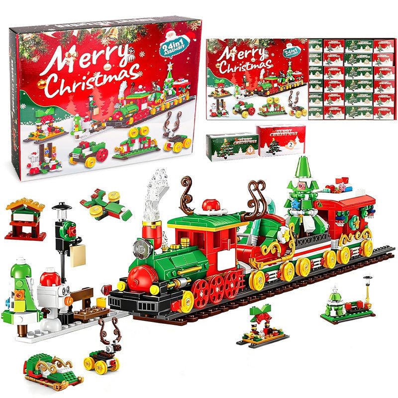 Holiday Express Train Advent Calendar with 24 mini buildable Christmas-themed models forming a festive train set