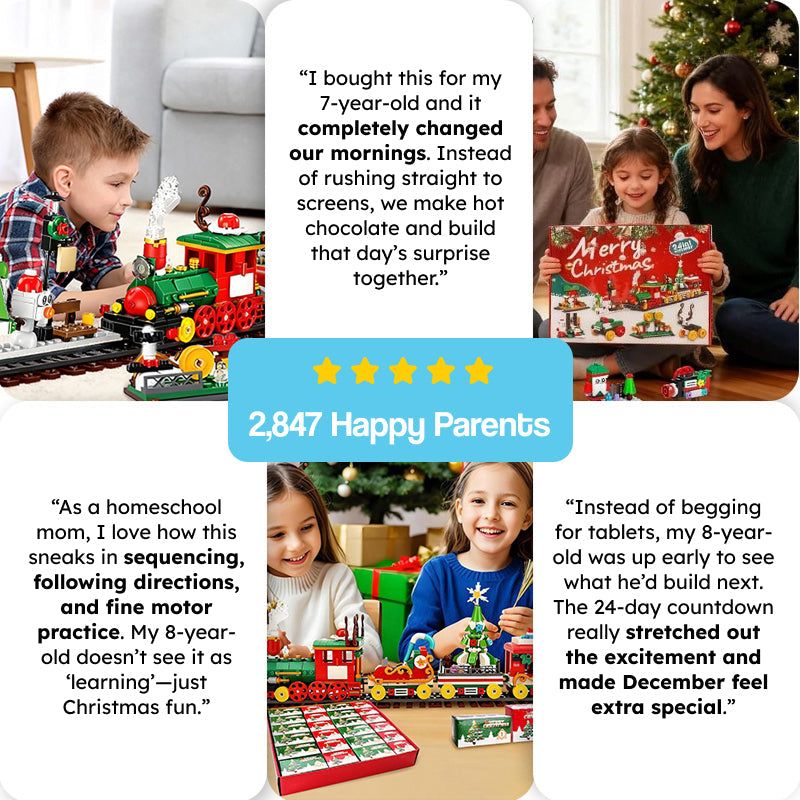 Holiday Express Train Advent Calendar with building bricks, kids playing and assembling festive train set for 24-day Christmas countdown.