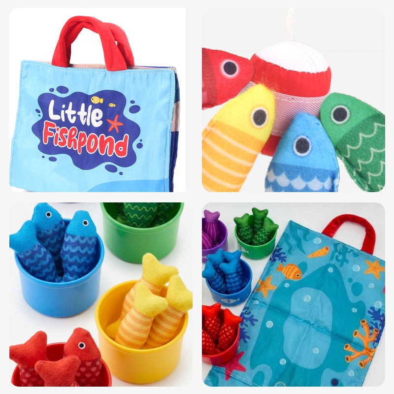 Little Fisherman Fishing Set with velcro fishing rod, soft fabric fish, numbered stacking cups, and ocean play mat for toddlers ages 6 months to 2 years
