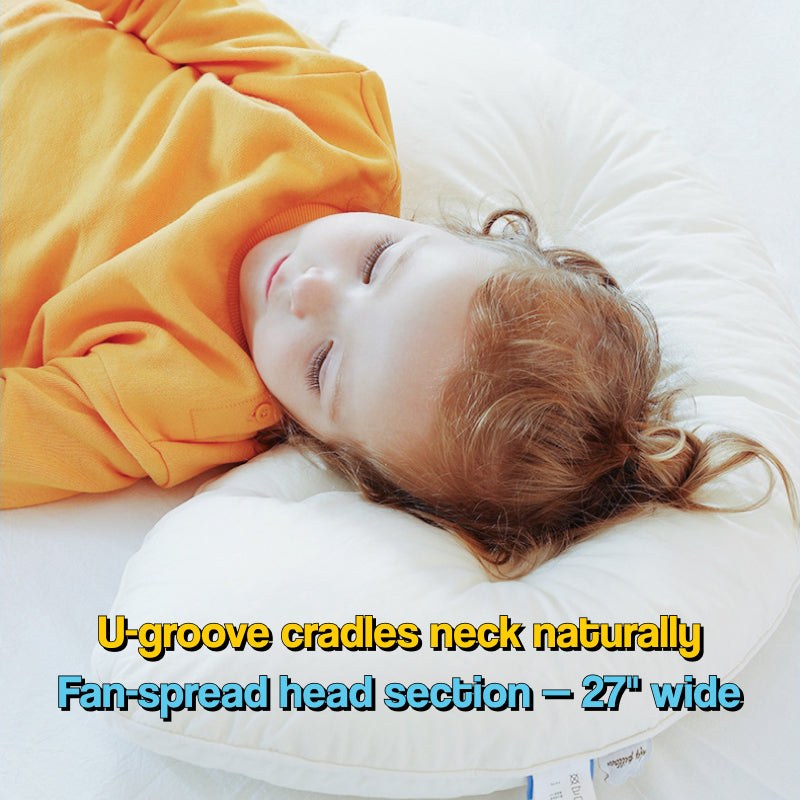 Little Moon Baby Pillow crescent-shaped soft cotton baby pillow with U-groove for ages 0-5, designed to keep babies asleep without rocking or patting