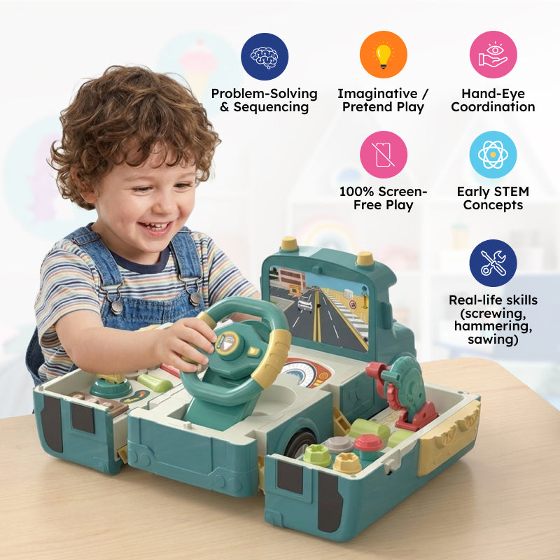2-in-1 Driver & Builder Workshop Bus toy with transformable bus and mechanic's workshop interior