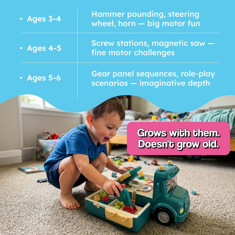 2-in-1 Driver & Builder Workshop Bus toy with fold-out mechanic tools and working steering wheel for kids age 3+
