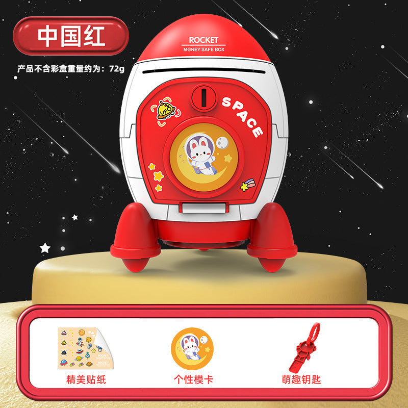 Rocket Shaped Plastic Cartoon Childrens Piggy Bank with Anti-Fall Design