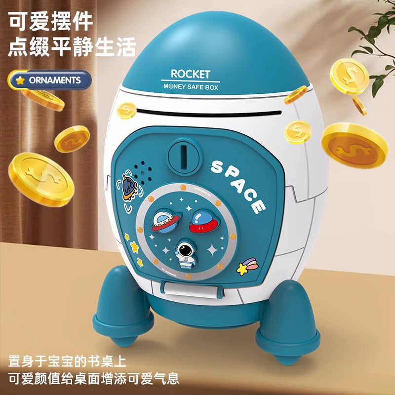 Rocket Shaped Plastic Cartoon Childrens Piggy Bank with Anti-Fall Design