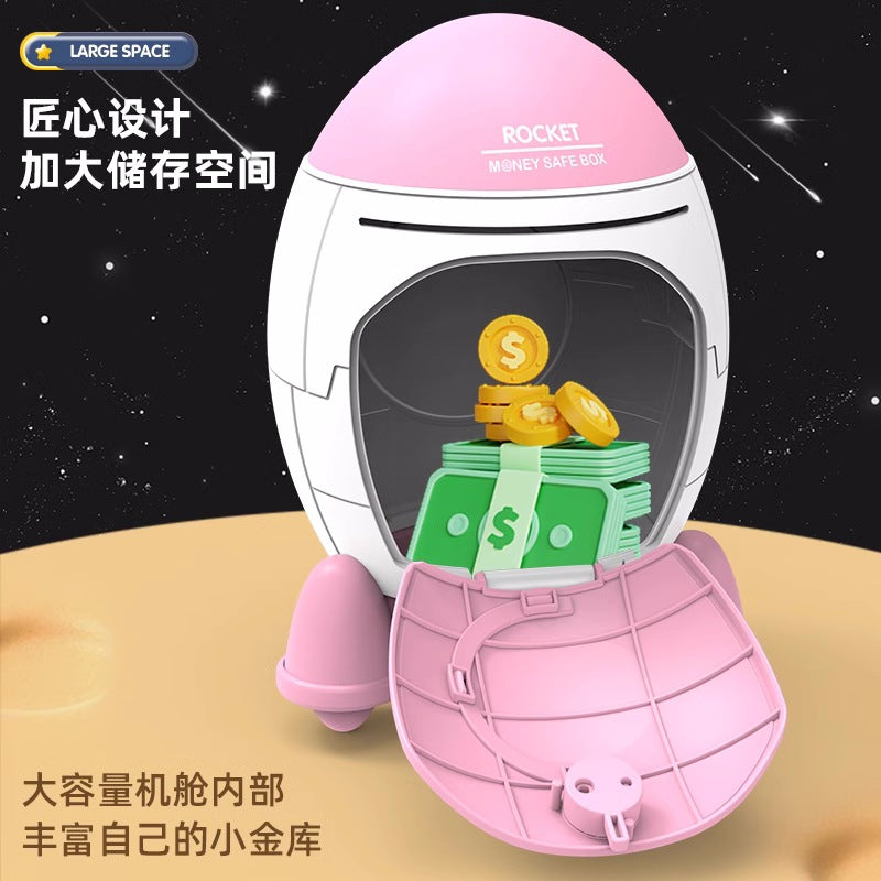 Rocket Shaped Plastic Cartoon Childrens Piggy Bank with Anti-Fall Design