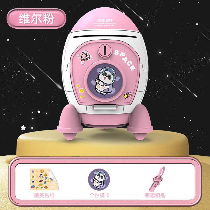 Rocket Shaped Plastic Cartoon Childrens Piggy Bank with Anti-Fall Design