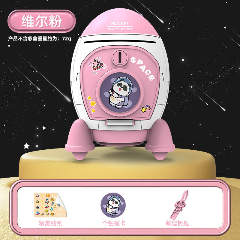 Rocket Shaped Plastic Cartoon Childrens Piggy Bank with Anti-Fall Design