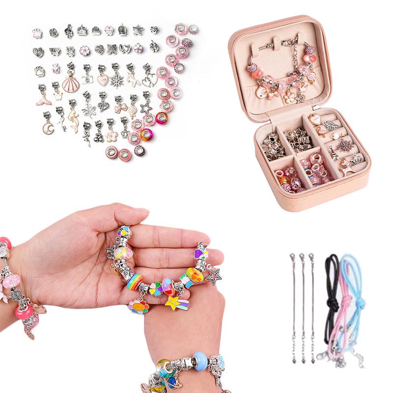 Kids Bracelet-Making Kit with colorful beads, charms, snake chains, and storage box for creative DIY jewelry crafting