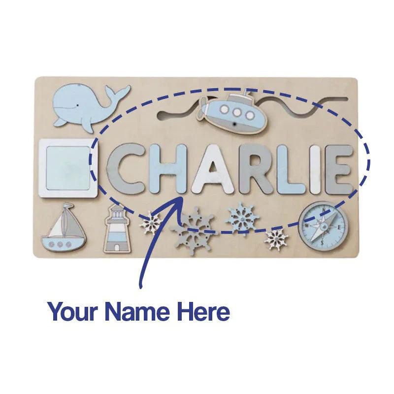 Custom Name Montessori Board wooden personalized name puzzle with educational nautical-themed pieces for kids