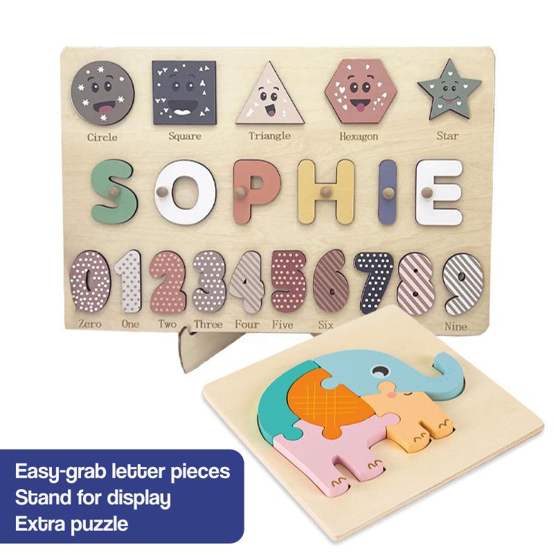Custom Name Montessori Board with personalized name puzzle, shapes, numbers, and extra elephant puzzle for kids.