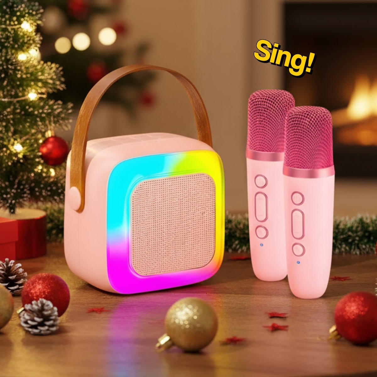Family Fun Karaoke Machine with rainbow LED speaker and two pink wireless microphones for kids' Christmas entertainment