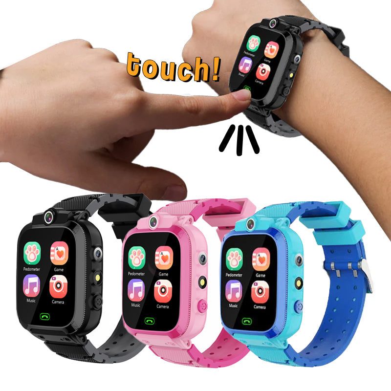 Kids multi-purpose smartwatch in black, pink, and blue with touchscreen, camera, games, pedometer, and music features for children aged 7 and up
