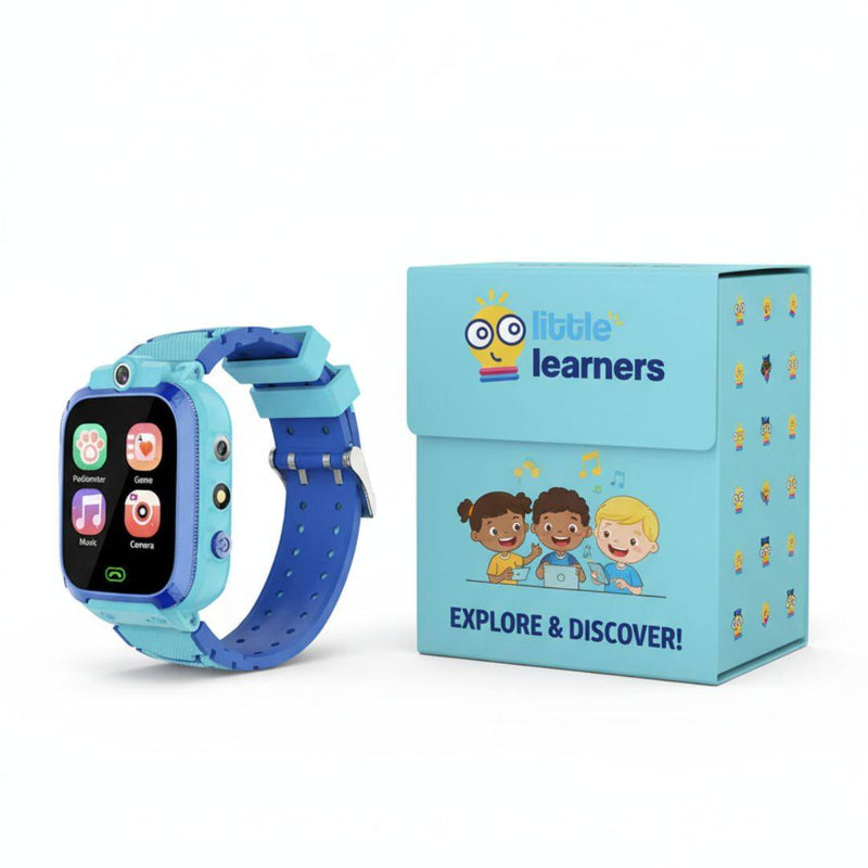 Kids multi-purpose smartwatch in blue with colorful icons on screen and branded packaging box for children exploration and discovery