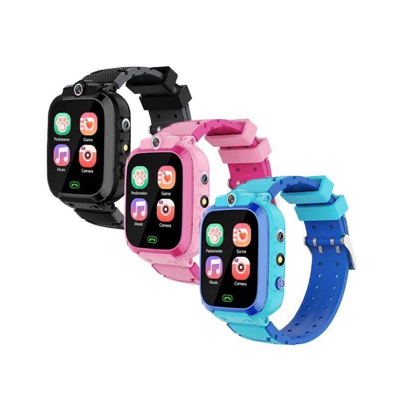 Kids multi-purpose smartwatch in black, pink, and blue with games, pedometer, music, and camera features.