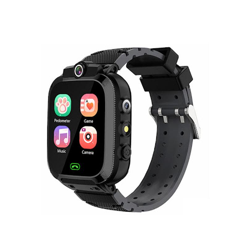 Black kids multi-purpose smartwatch with touchscreen, camera, pedometer, music, and game icons on display