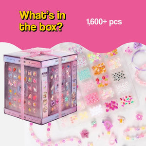 My Little Royalty Jewelry gift box with holographic design and pink ribbon containing 1600+ beads and clip-on earrings for kids ages 4+