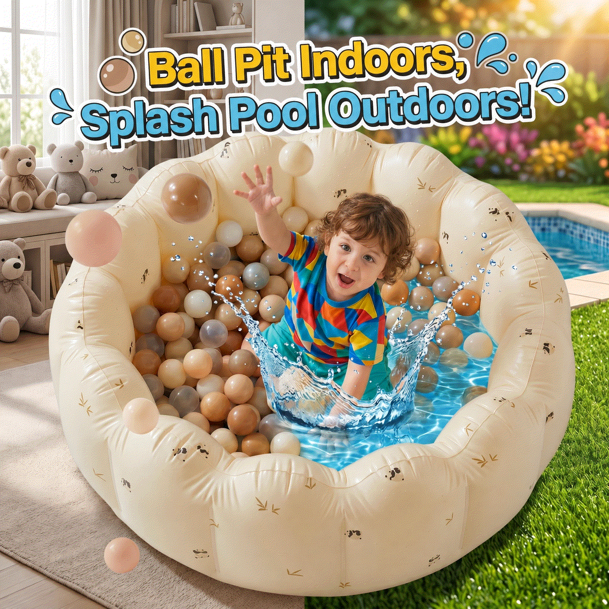 Pop-Up Ball Pit with tall walls, 100 colorful balls, and included pump for toddlers aged 6 months and up.