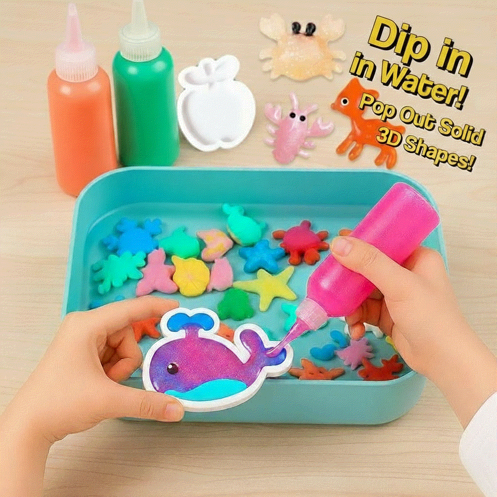 Child playing with Squishy Friends Magic Gel kit, squeezing pink gel into whale mold to create colorful 3D sea creature shapes in water tray