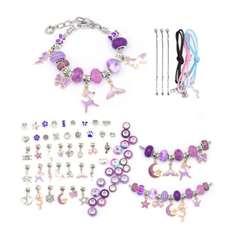 Kids bracelet-making kit with purple beads, metal spacer charms, adjustable chains, and colorful cords for creative jewelry crafting.