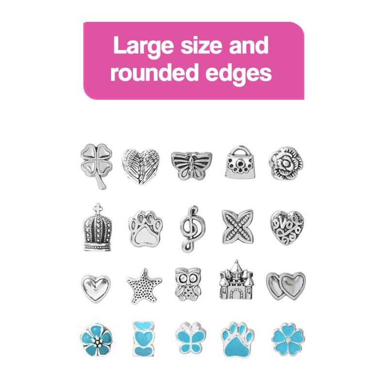 Large silver and blue charms with rounded edges for kids bracelet-making kit