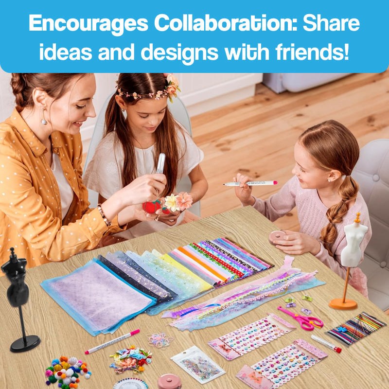 Kids and adult using fashion design studio kit with fabrics and accessories on table for creative play